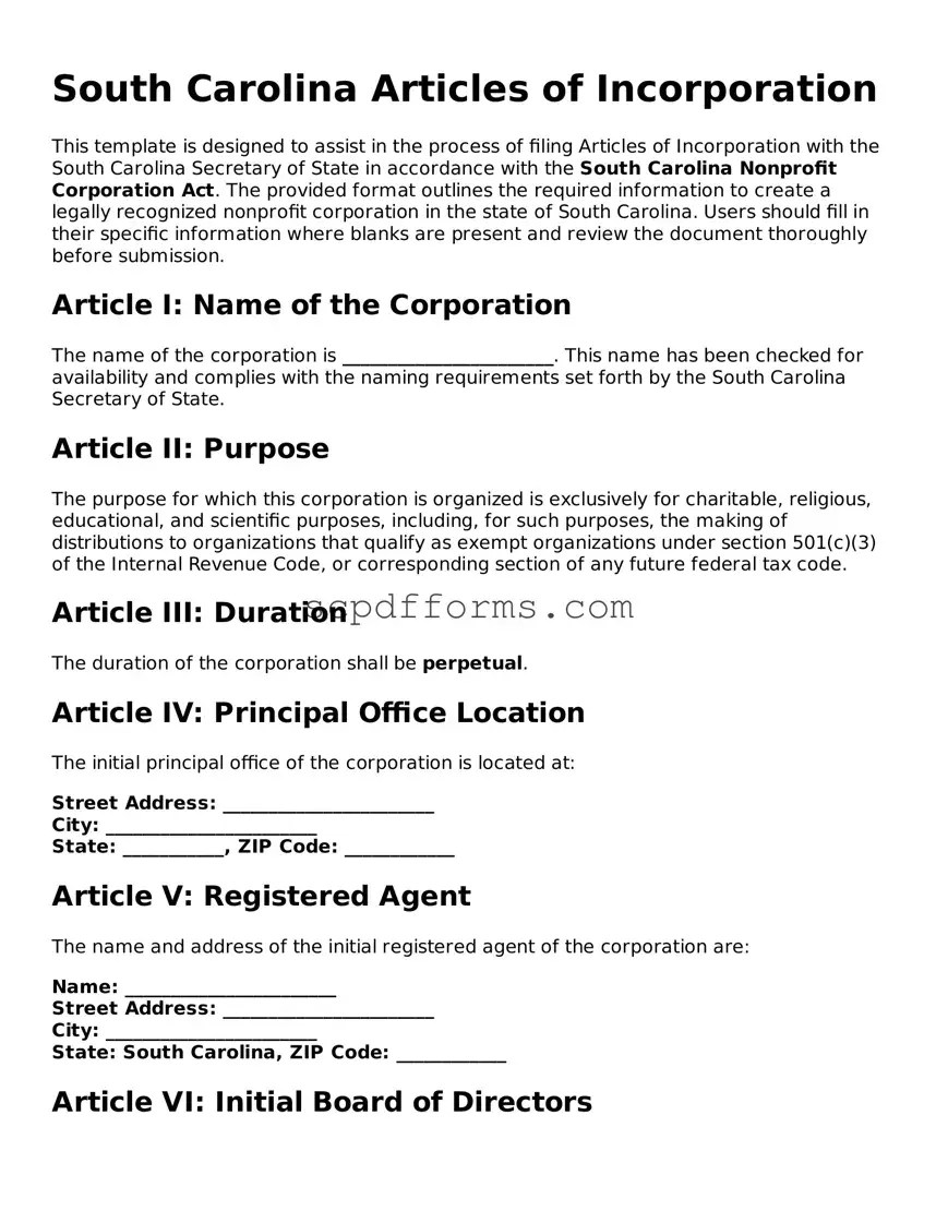Attorney-Approved South Carolina Articles of Incorporation Form