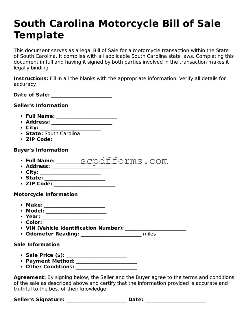Attorney-Approved South Carolina Motorcycle Bill of Sale Form