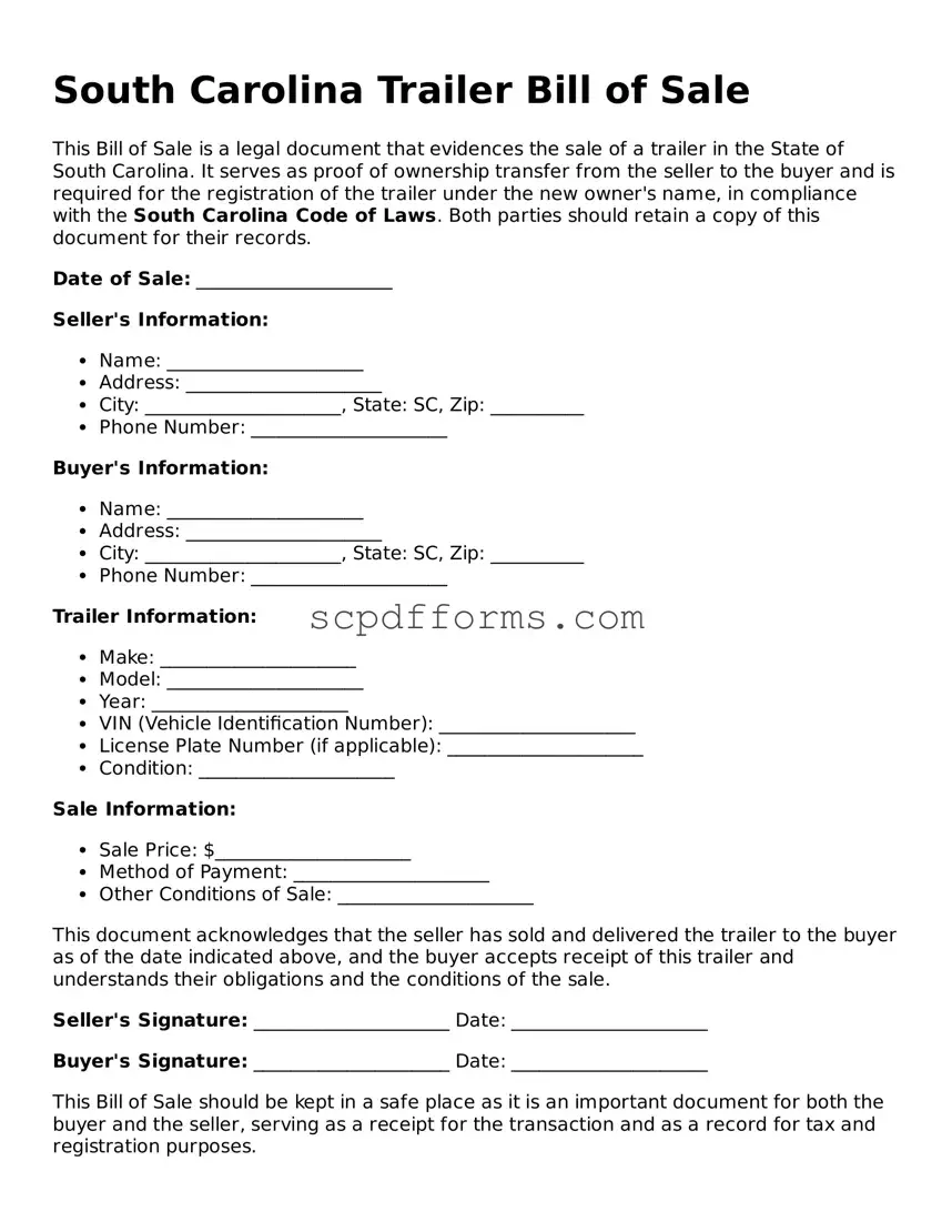 Attorney-Approved South Carolina Trailer Bill of Sale Form
