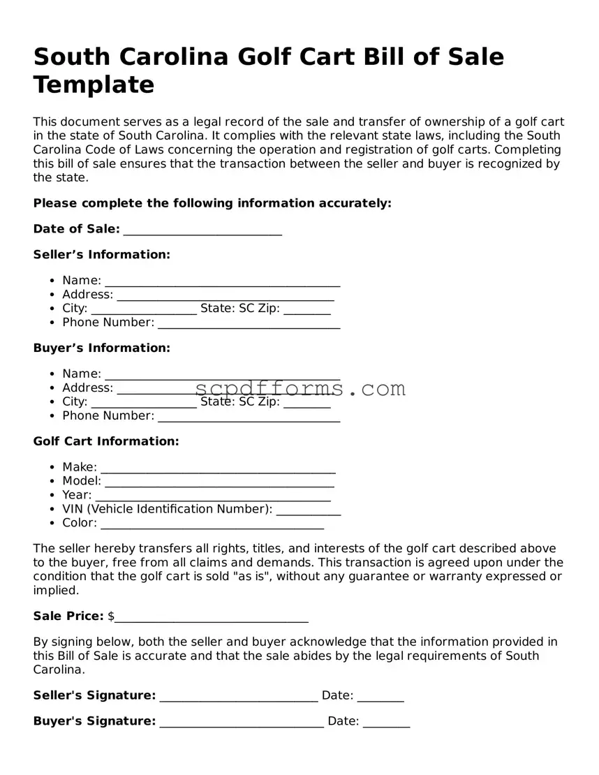 Attorney-Approved South Carolina Golf Cart Bill of Sale Form