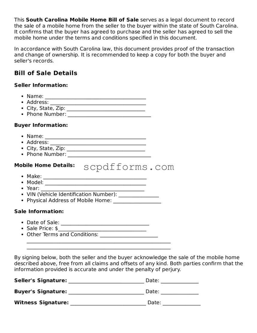 Attorney-Approved South Carolina Mobile Home Bill of Sale Form