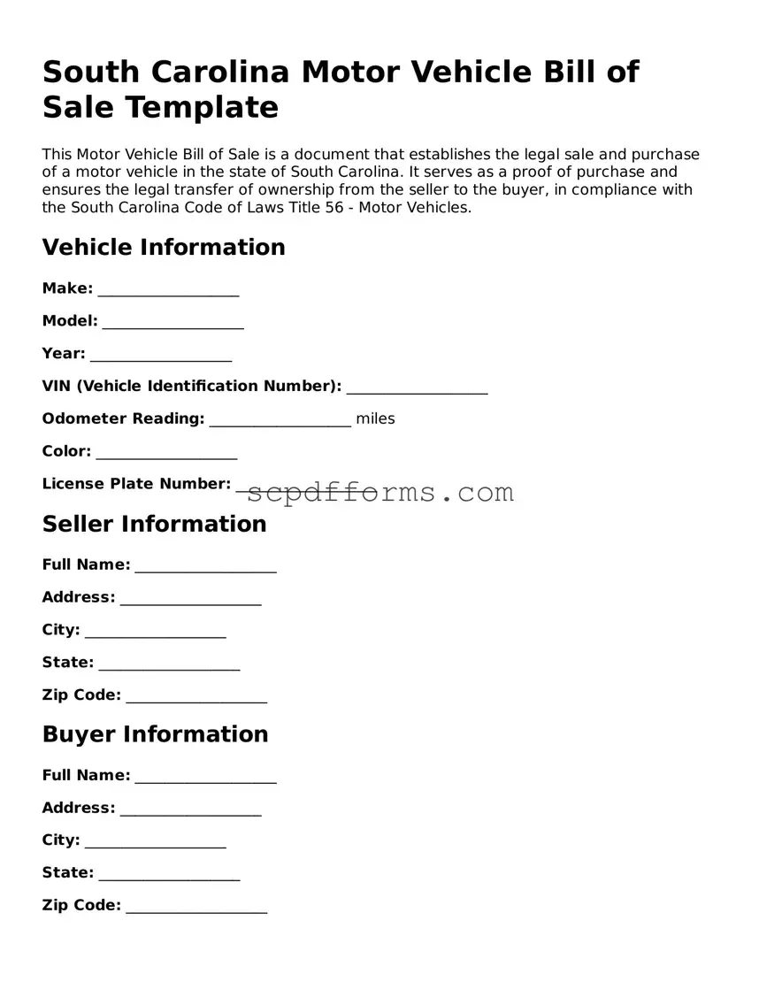 Attorney-Approved South Carolina Motor Vehicle Bill of Sale Form