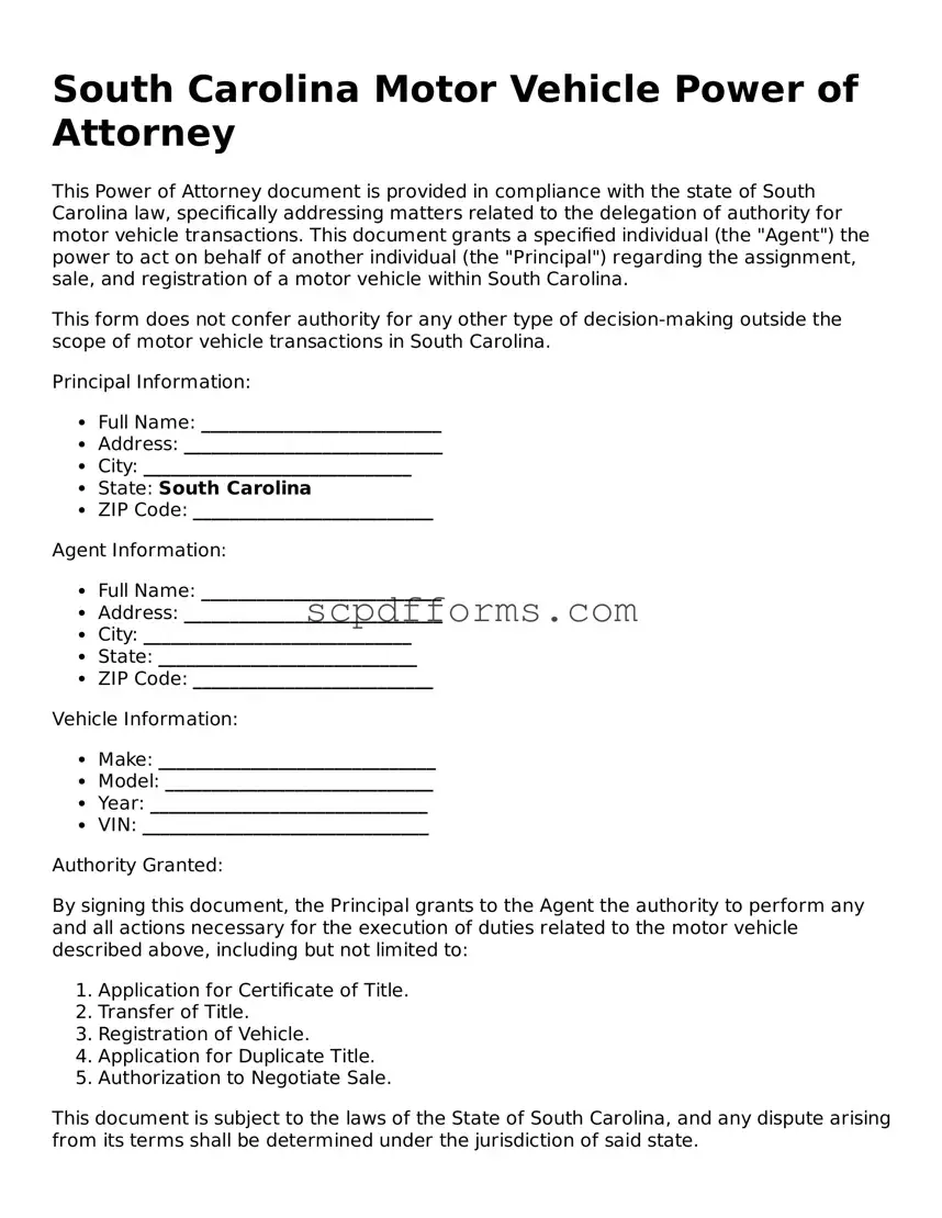 Attorney-Approved South Carolina Motor Vehicle Power of Attorney Form