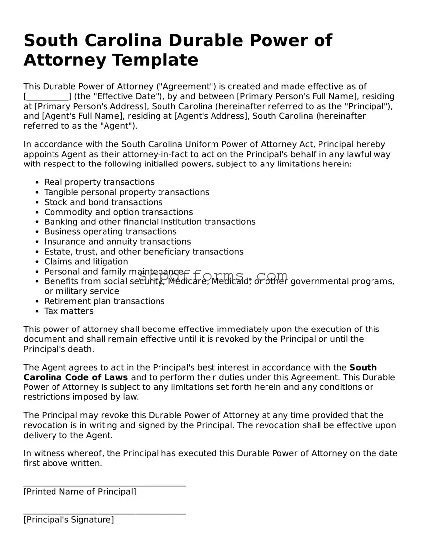 Attorney-Approved South Carolina Durable Power of Attorney Form