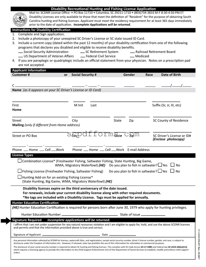 South Carolina Hunting And Fishing License PDF Template