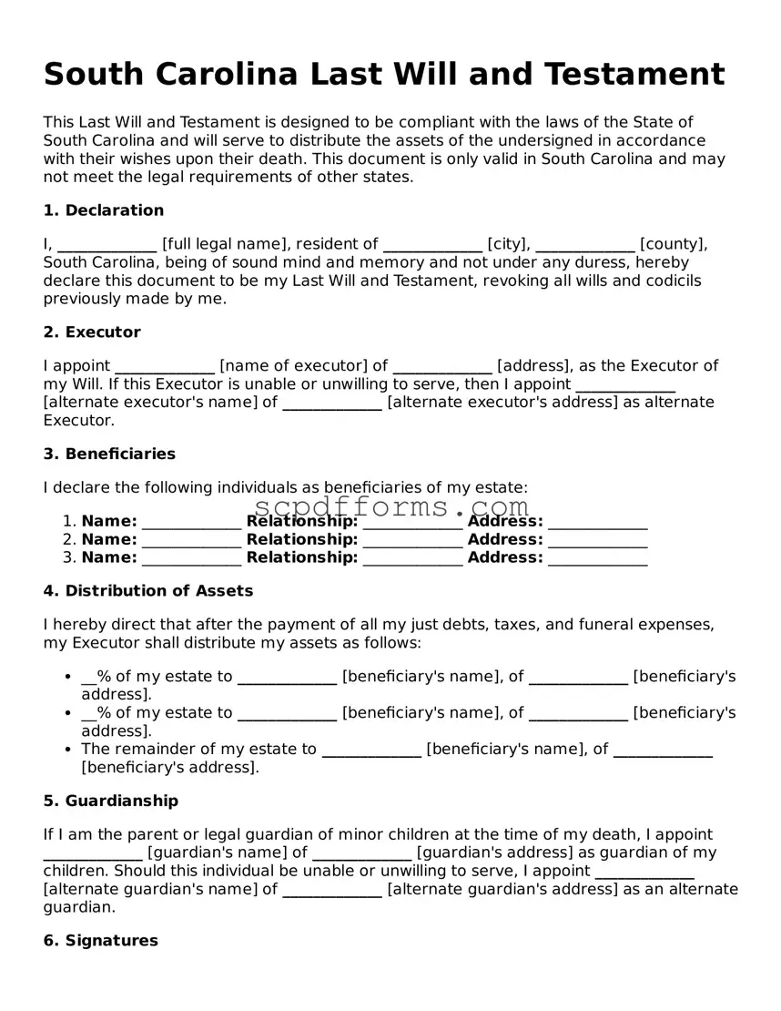 Attorney-Approved South Carolina Last Will and Testament Form
