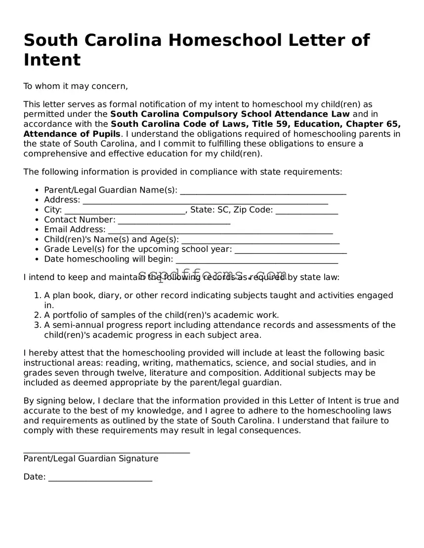 Attorney-Approved South Carolina Homeschool Letter of Intent Form