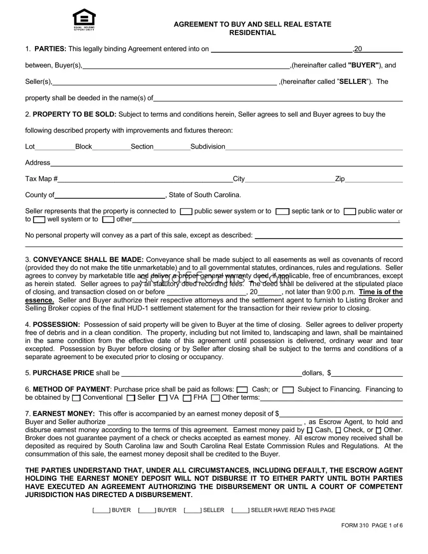 South Carolina Real Estate Contract 310 PDF Template
