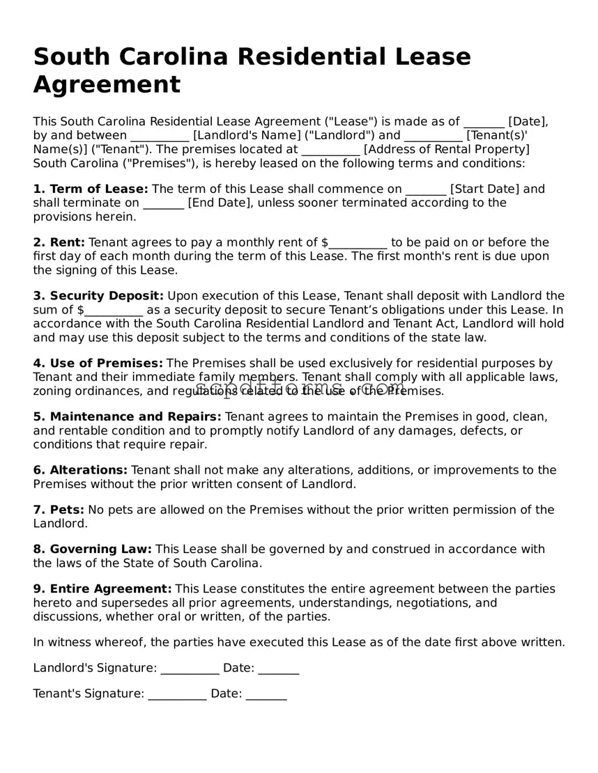 Attorney-Approved South Carolina Residential Lease Agreement Form