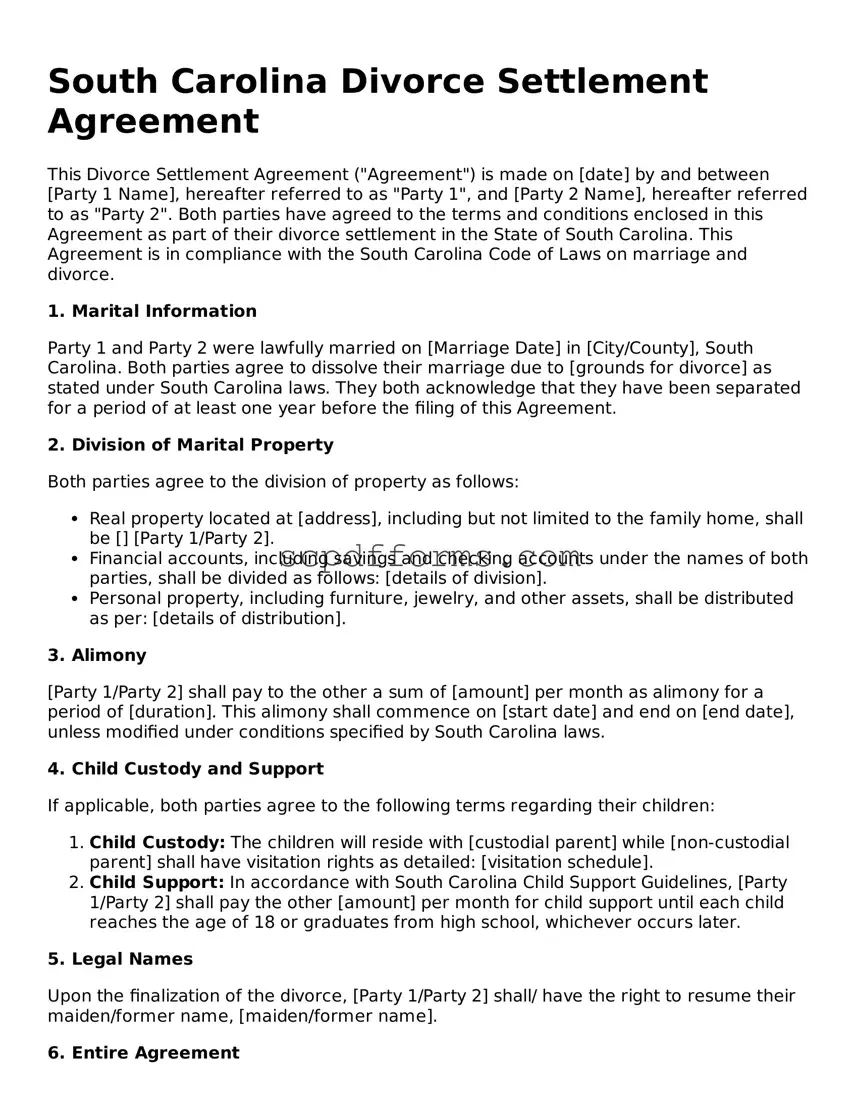 Attorney-Approved South Carolina Divorce Settlement Agreement Form