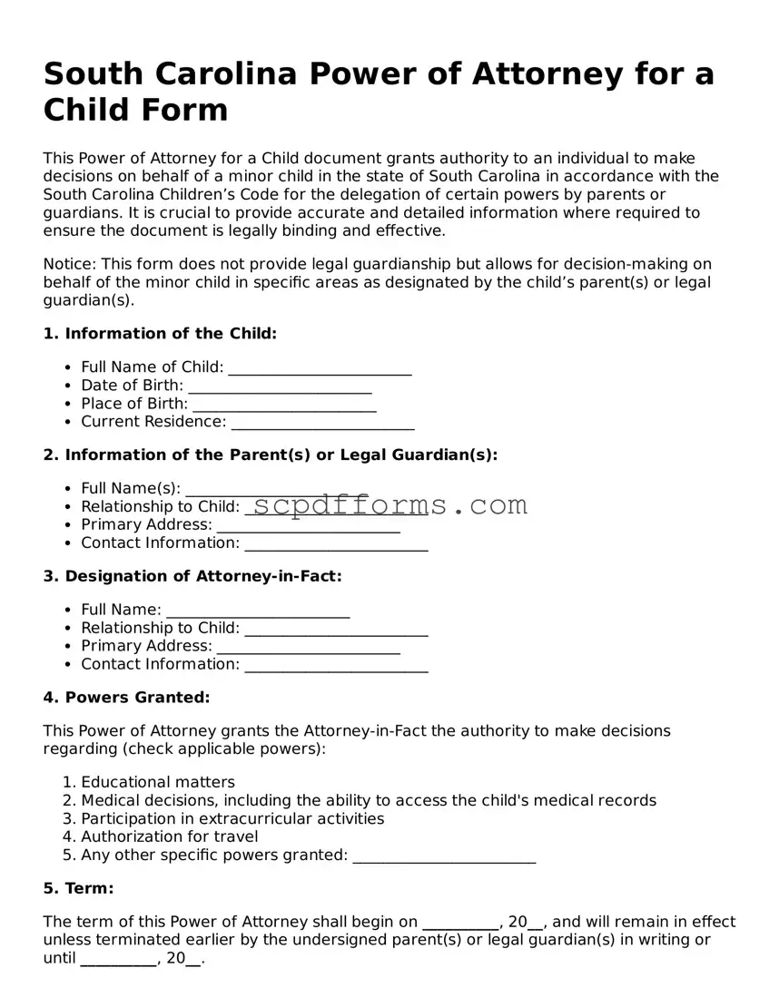 Attorney-Approved South Carolina Power of Attorney for a Child Form